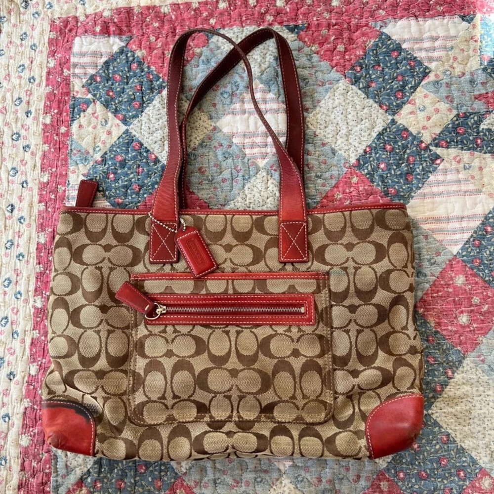 Coach Signature Logo Brown Red Medium Tote Zip Bag Double Handles Red Lining Rea